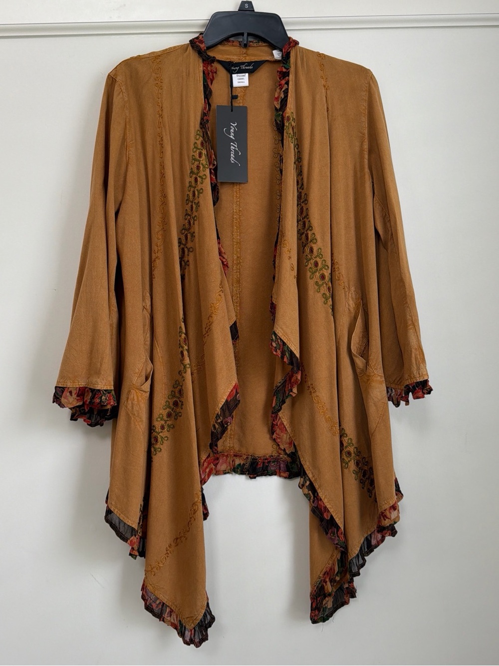 Young Threads Camel Stonewashed Embroidered Boho Kimono S NWT